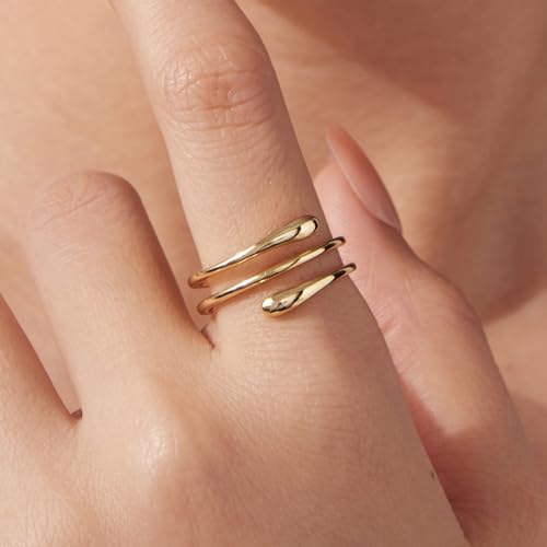Silver Open Adjustable Stacking Rings for Women, Minimalist Wrap Band Set, Geometric/Heart/Wave/Leaf/Spiral Styles, Hypoallergenic, Gift Box Included, Thumb Ring Option - color: 14K Water Drop