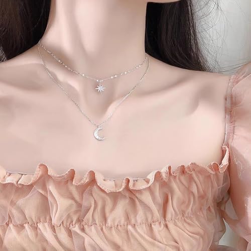 Silver Star Moon Charm Necklace for Women Layered Collarbone Chain Delicate Clavicle Chain Double Layer Necklaces for Woman - color: White K
