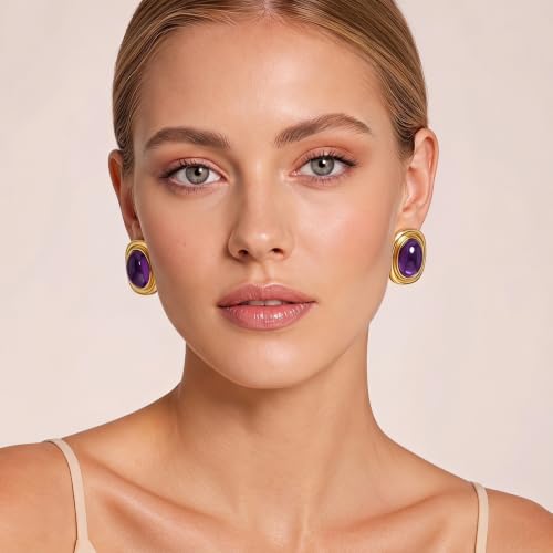 Chunky Gold Stud Earrings for Women 18K Gold Plated Hypoallergenic Chunky Statement Earrings Big Natural Crystal Stone Earring Gift for Women - color: Amethyst