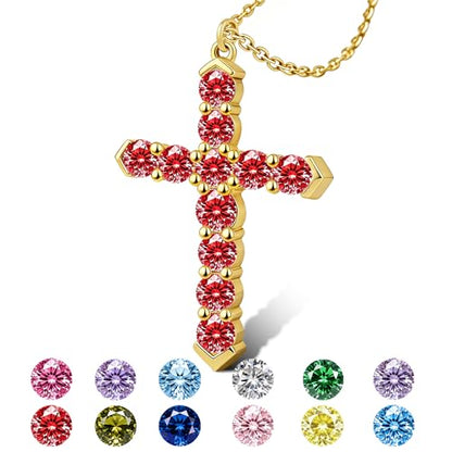 Cross Necklace for Women, Silver Cross Pendant Necklaces | 14K Gold Plated, Dainty CZ Cross Necklace, Non Tarnish and Hypoallergenic Jewelry for Women, Christian Religious Faith Gifts - color: 03-Gold-Red