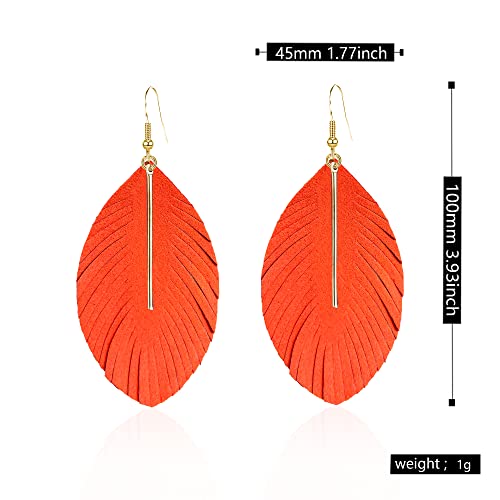 YUNXI Large Genuine Soft Leather Handmade Fringe Feather Lightweight Leaf with Simple Drop Metal Bar Tear Drop Dangle Color Earrings for Women - color: Orange