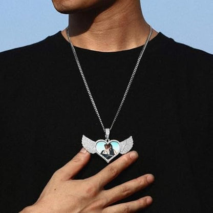 Hip Hop Ice Out Angel Wings Heart Shaped Photo Frame Pendant Necklace for Men and Women Fashion Souvenirs Jewelry Gifts - color: silvery