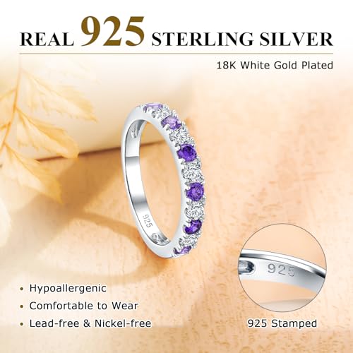 Bezel Set Birthstone Wedding Band 14K Gold Sterling Silver Stackable Half Eternity Band Rings 2.5mm Wide Ruby/Amethyst/Sapphire/Emerald Green/Aquamarine Ring for Women, Send Gift Box - style: 02-Created Amethyst & CZ