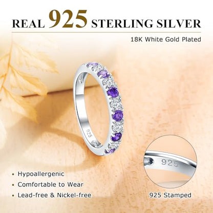 Bezel Set Birthstone Wedding Band 14K Gold Sterling Silver Stackable Half Eternity Band Rings 2.5mm Wide Ruby/Amethyst/Sapphire/Emerald Green/Aquamarine Ring for Women, Send Gift Box - style: 02-Created Amethyst & CZ