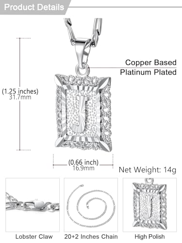 U7 Initial Letter Necklace for Men Women, 14K Gold/Silver Plated Square Capital Monogram Pendant Necklace from A-Z with 22+2 Inch Figaro Chain, Personalized Jewelry for Him - color: Silver, style: J