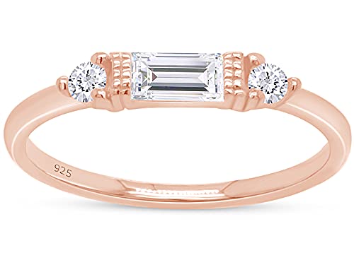 3 Stone Stackable Ring for Women with Birthstone And White Cubic Zircionia | Dainty Minimalist Ring In 14K Gold Over Sterling Silver - color: Rose Gold : Cubic Zirconia