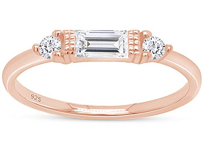 3 Stone Stackable Ring for Women with Birthstone And White Cubic Zircionia | Dainty Minimalist Ring In 14K Gold Over Sterling Silver - color: Rose Gold : Cubic Zirconia