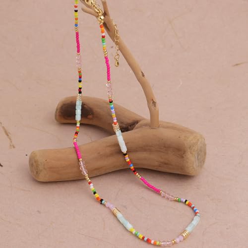 Gold Seed Beaded Necklaces for Women, Boho Handmade Adjustable Colorful Beads Choker Summer Beach Jewelry Gift. - color: Jade