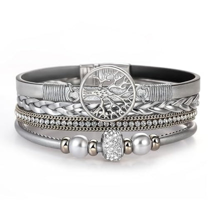 hotoo Leather Wrap Bracelets for Women Tree of Life Cuff Bracelets Pearl Rhinestone Bead Multi-Layer Bracelets Bohemian Jewelry Gift for Women - color: Silver