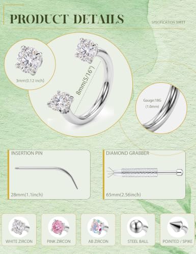 316L Stainless Steel Horseshoe Nose Rings for Women 16/18/20G Septum Rings | Septum Nose Piercing with Replacement Tops and Piercing Tool for Helix Tragus Cartilage Lip Jewelry 14K Gold Plated/Silver - color: Steel 3-18G