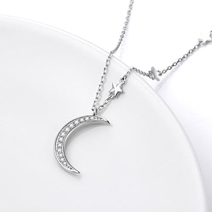 Ladytree 925 Sterling Silver Jewelry Crescent Moon and Star Pendant Necklace - style: Five Stars
