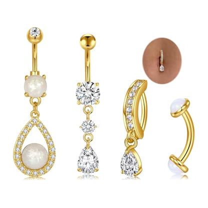 Silver Gold Belly Button Ring for Women Clicker Hoop Belly Rings Opal Navel Piercing Jewelry Dangle Hypoallergenic Surgical Steel Dainty Dangling Navel Rings for Women - color: A1 -4pcs new -gold
