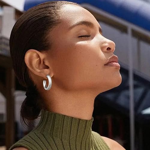 14K Gold Plated Chunky Open Hoop Earrings for Women | Lightweight Hollow Tube Hoop Earrings with 925 Sterling Silver Post, Chunky C Shape Design, Trendy Jewelry Gift for Women