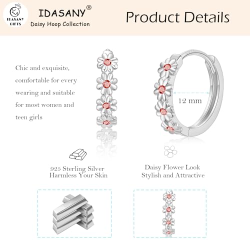 Sterling Silver Hoop Earrings for Women, Dainty Small Huggie Hoop Earrings | Hypoallergenic Daisy Color Cubic Zirconia Flower Hoops Earring Jewellery Gifts for Ladies Birthday Wedding, 12mm Hoop - color: Red