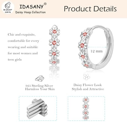 Sterling Silver Hoop Earrings for Women, Dainty Small Huggie Hoop Earrings | Hypoallergenic Daisy Color Cubic Zirconia Flower Hoops Earring Jewellery Gifts for Ladies Birthday Wedding, 12mm Hoop - color: Red