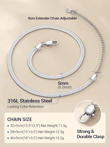 PROSTEEL 3mm/5mm Herringbone Choker Necklace for Women, 12.5"/15"/18", Stainless Steel/Sterling Silver Flat Snake Chain in Silver/Yellow Gold/Rose Gold/Black, Come with Box - color: 5mm-Stainless Steel, size: 18 Inch