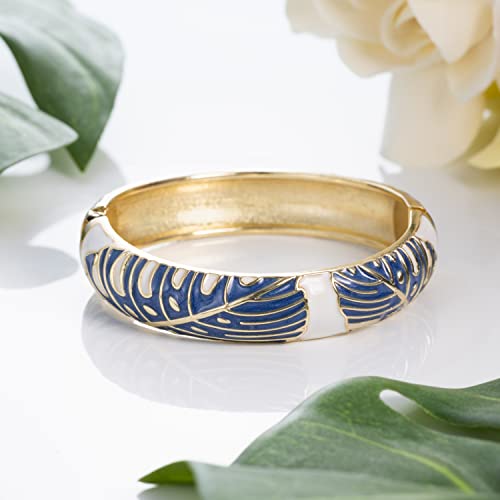 Hawaiian Monstera Luau Leaves Hinged Clasp Fashion Enamel Bangle Bracelet - color: Sapphire Blue