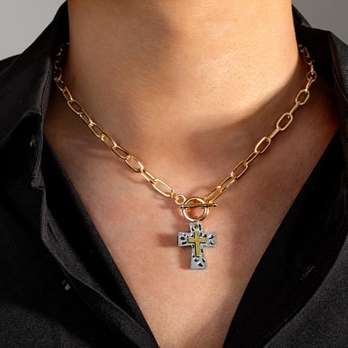 Chunky Cross Necklace for Women,Gold Silver Layered Hammered Cross Pendant Necklace Statement Paperclip Toggle Charm Chain Herringbone Snake Choker Christian Jewelry Outfit Accessories - color: ASilver Gold