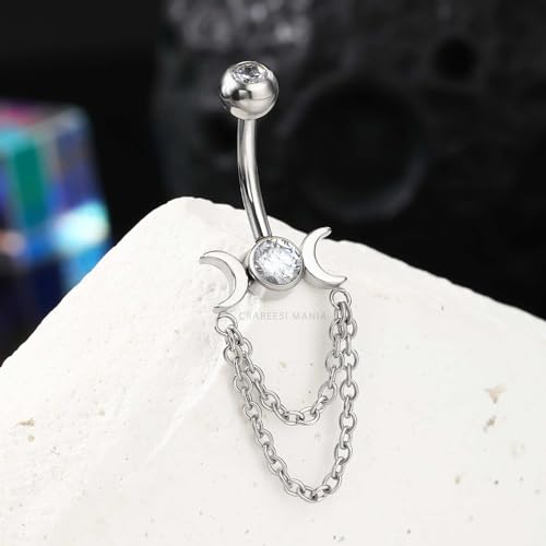 Moon Phase Belly Button Rings Double Chain Belly Rings 316L Stainless Steel Belly Button Piercing Jewelry 14Gauge Belly Ring for Women - color: Clear CZ