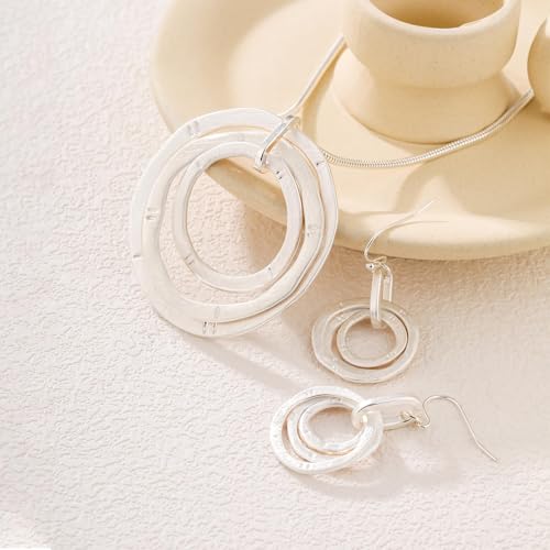3 Circles Silver Hoop Earrings Necklace Set for Women Geometric Jewelry Set | 925 Silver Hypoallergenic Small Hoop Circle Geometry Textured Finish Minimalist Style Comfortable Wear - style: Silver Hammered Hoop