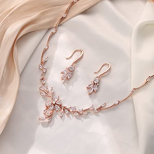 Crysdue Women's Wedding Bridal Jewelry Set for Brides Bridesmaids Cubic Zirconia Flower Leaf Vine Necklace Dangle Earrings for Prom Party - style: 16-rose gold