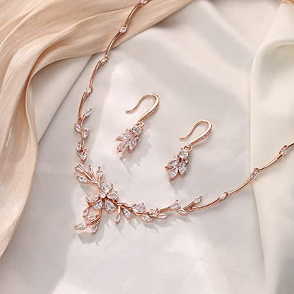 Crysdue Women's Wedding Bridal Jewelry Set for Brides Bridesmaids Cubic Zirconia Flower Leaf Vine Necklace Dangle Earrings for Prom Party - style: 16-rose gold