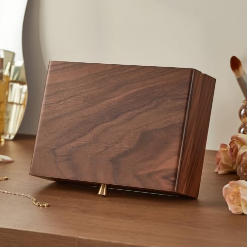 Walnut Wood Jewelry Box with Necklace Hook, Gift for Women | 7 Necklace Hooks, Velvet-Lined, Stores Watches Rings Earrings Necklaces Bracelets, Jewelry Organizer, Gift for Her - style: 1 Layer A