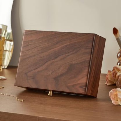 Walnut Wood Jewelry Box with Necklace Hook, Gift for Women | 7 Necklace Hooks, Velvet-Lined, Stores Watches Rings Earrings Necklaces Bracelets, Jewelry Organizer, Gift for Her - style: 1 Layer A