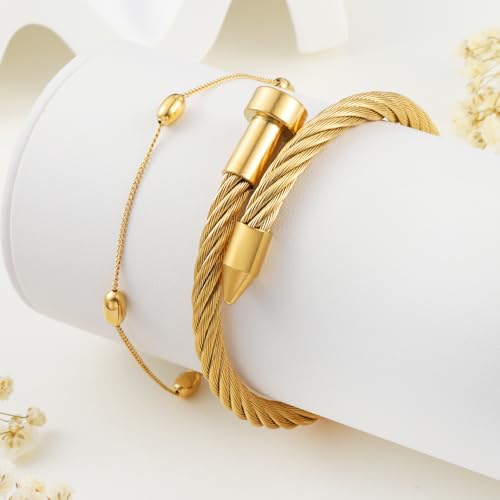 2PCS 18K Gold Plated Nail Bangle & Chain Bracelet Set for Women, Adjustable Stackable Bangle Jewelry, Dainty Gold Bracelet Gift for Women - color: Set E