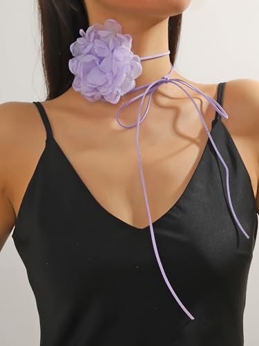 Rose Black Velvet Floral Choker Necklace - Camellia Daisy Rosette - Spring Summer Flower Jewelry - color: Purple