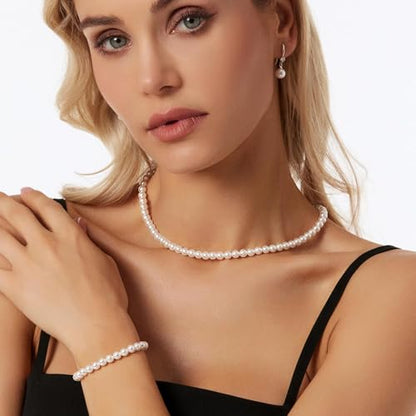 HERIER Gold Jewelry Set for Women - Dainty 14K Gold/Silver Plated Pearl Choker Necklace, Drop Earrings & Bracelets - Wedding Trendy Pearl Jewelry Gift - color: Pearl Necklace+Bracelet+Earrings-Silver
