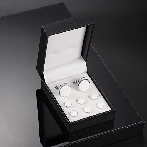 wynameleri Mens Cufflinks and Studs Set Blanks Round 4 Colors Shirt Tuxedo Buttons Packed in Cufflink Box for Business Wedding Jewelry - color: White