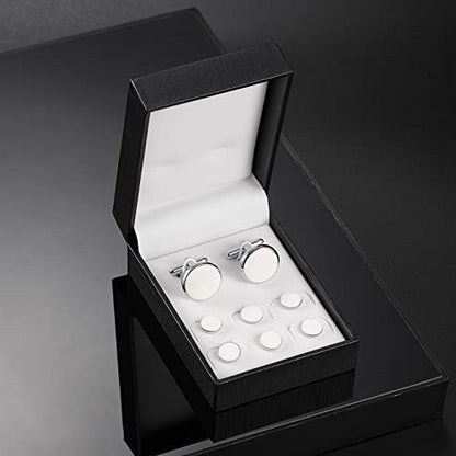 wynameleri Mens Cufflinks and Studs Set Blanks Round 4 Colors Shirt Tuxedo Buttons Packed in Cufflink Box for Business Wedding Jewelry - color: White