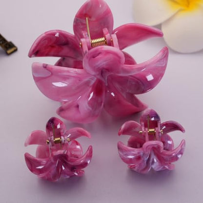 Flower Hair Clips for Women Girls Claw Clips Set Purple Pink Plumeria with Marble Design Barrettes Summer Hair Clip Fashion Hair Styling Accessories for Thick Thin Hair(3Pcs:1 Large 2 Small) - color: Purple-Pink