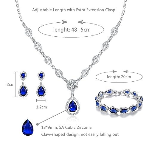 GULICX AAA Cubic Zirconia CZ Silver Plated Base Women's Party Jewelry Set Earrings Pendant Necklace - color: Blue Set with Teardrop Bracelet