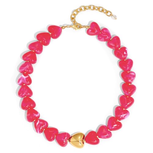Chunky Beaded Necklace for Women Trendy Multicolor Resin Beads Choker Necklaces Boho Summer Statement Necklace Chunky Heart Jewelry - color: Heart necklace-rose red