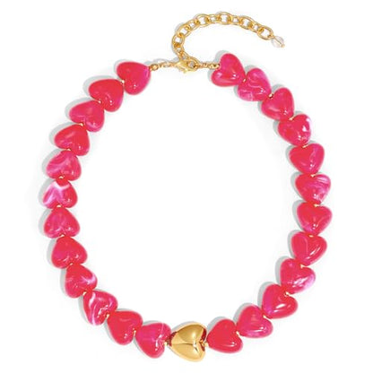 Chunky Beaded Necklace for Women Trendy Multicolor Resin Beads Choker Necklaces Boho Summer Statement Necklace Chunky Heart Jewelry - color: Heart necklace-rose red