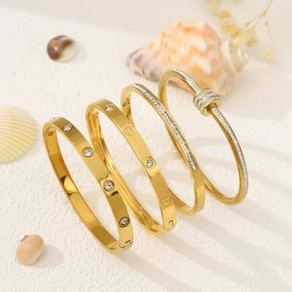 Gold Bangles for Women, 4 Pcs 18K Gold Plated Stainless Steel Stackable Bangle Bracelets, Non Tarnish CZ Bangles Set, Trendy Jewelry Gifts for Women - color: Gold
