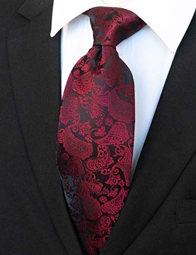 JEMYGINS Mens Solid Color Paisley Necktie and Pocket Square with Tie Clip Sets - color: Burgundy