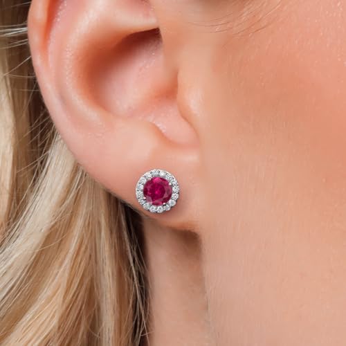 Gem Stone King 14K White Gold 6MM Round Gemstone Birthstone Stud Earrings with Removable Jackets and Lab Grown Diamond Accents | Gold Earrings For Women | Fine Jewelry Gift for Her Mom Women Wife - color: Created Ruby-July