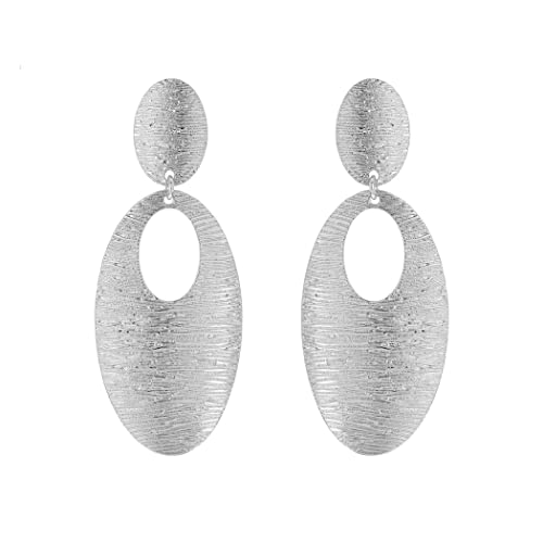 Rosemarie & Jubalee Women's Stunning Grooved Textured Metal Elongated Oval Hoop Statement Clip On Earring, 2.75" - color: Silver Tone