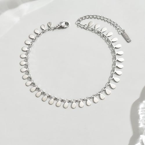 18K Gold Plated Ankle Bracelets for Women Dainty Star Coin Teardrop Square Tassel Anklets Cute Dangle Foot Chain Stainless Steel Beach Foot Jewelry - style: Drop Tassel-White Gold