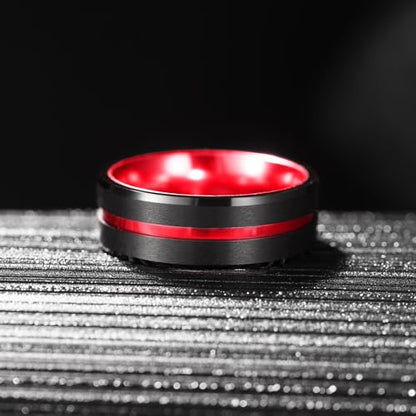 King Will Mens Tungsten Rings for Men Two Tone Grooved Mens Wedding Band Cool - color: Red & Black 8mm