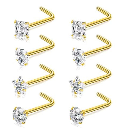 SEEDRILL 8Pcs 20G Nose Rings studs for Woman Hypoallergenic Nose Studs 316L Surgical Steel with Gold Plated Nose Piercings Jewelry 3mm CZ L Shape Nose Rings 20 Gauge Nose Stud Nose Screw Studs - style: 8Pcs/18G/3mm CZ/L Shape/Gold-Plated