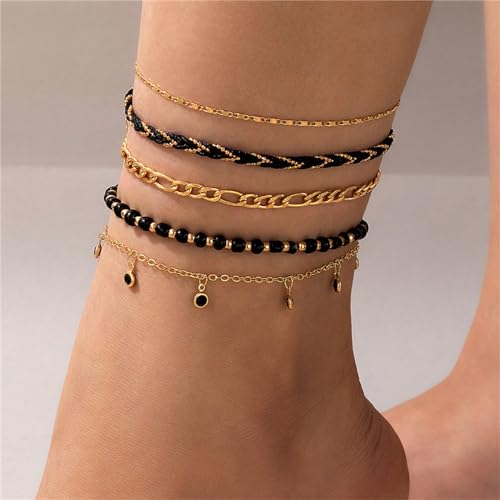 5Pcs Bohemain Layered Beaded Ankle Bracelets for Women,Dainty Stackable Seed Beads Ankle Bracelets Elastic Foot and Hand Chain Jewelry