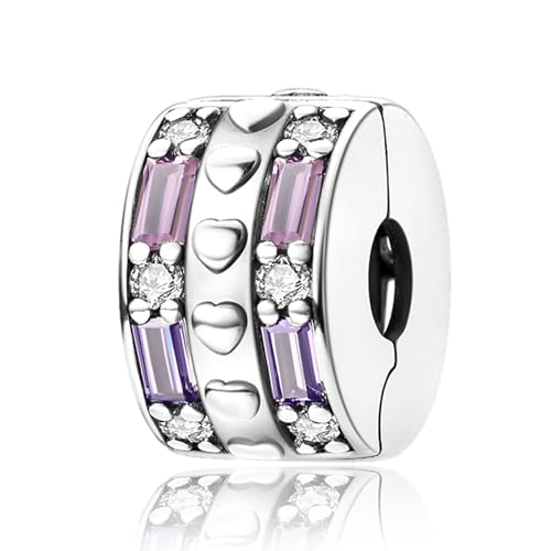 S925 Sterling Silver Stopper Bead/Clip Spacer Charm for Pandora Bracelets | Anti-Slip Cubic Zirconia Clip Lock Stopper Bead Charm for Bracelets and Necklace,Jewelry Making DIY Gift for Women Daily Wear - color: 1Pcs Purple clip charm, size: Love powder pu