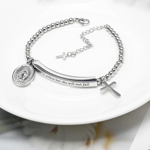 DS Inspirational Bracelet for Women Christian Engraved Bibler Verse Cross Butterfly Daisies Charm Bracelet, Exquisite Stainless Steel Jewelry Daughter Best Friend Bestie - style: God is Within Her She Will Not Fall-Silver