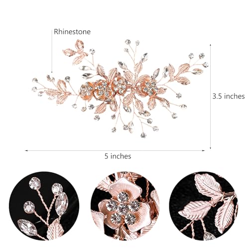 Bridal Hair Accessories Bright Rose Gold Wedding Hair Duckbill Clip for Brides, Handmade Rhinestone Hair Vine Wedding Head Pieces for Women and Bridesmaids Flower Girls, Christmas Gift - color: Bright Rose Gold