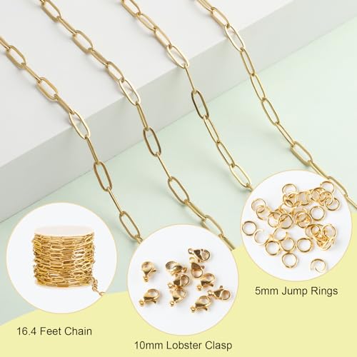 SMYHTGLIF 5 Meters Gold Chain Bulk for Jewelry Making Stainless Steel Chain | Cable Jewelry Making Chains Craft Chain Roll with Lobster Clasps and Open Jump Rings - color: Gold, size: 4×12mm