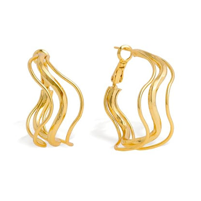 Chunky Large Gold Puffy Open Hoop Earrings for Women,Trendy Statement Big Minimalist Wavy Huggie Earing Prom Jewelry Gift - color: Triple